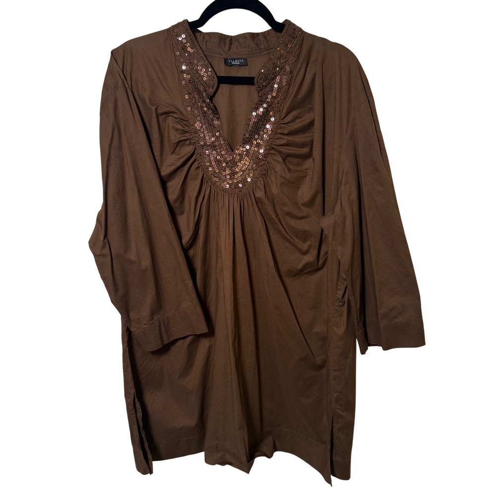Talbots Size 2X Brown Sequin Cotton Poplin V-Neck Tunic Top Coverup 3/4 Sleeve